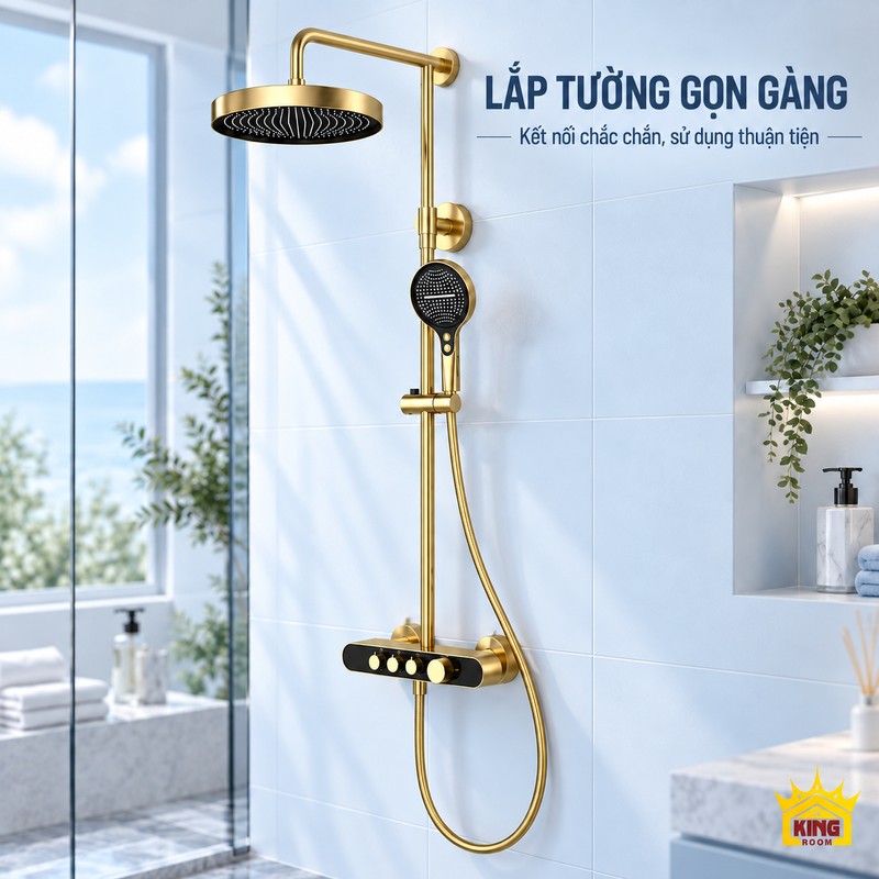 Kết nối lắp tường của bộ sen vàng đen Bộ sen vàng đen nhìn nghiêng với điểm bắt tường và cụm điều khiển bên dưới.