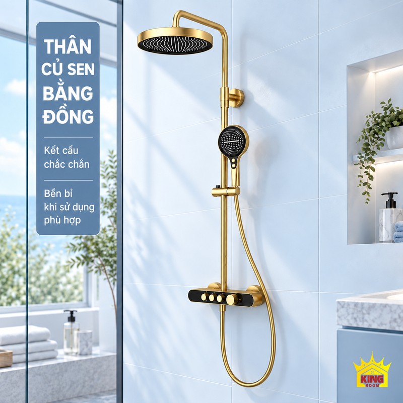 Thân củ sen bằng đồng của mẫu vàng đen Sen vàng đen với phần củ sen, thanh đứng, bát sen và tay sen trong phòng tắm.