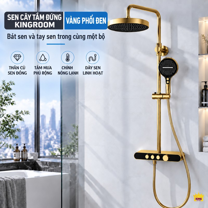 Sen cây vàng đen và không gian phòng tắm Tổng thể bộ sen vàng đen gồm bát tròn, tay sen, thanh đứng, dây sen và mặt điều khiển.