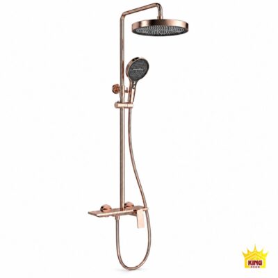 Toàn bộ sen cây tắm đứng KINGROOM vàng hồng bát tròn mặt đen trên nền trắng, gồm tay sen và dây sen