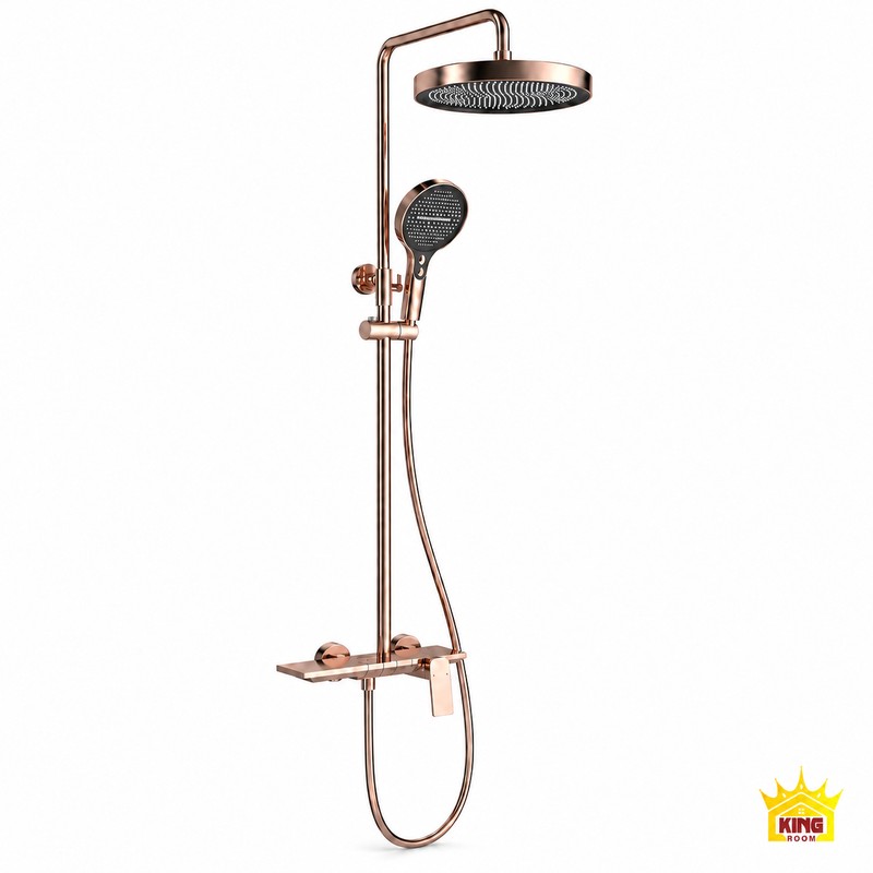 Toàn bộ sen cây tắm đứng KINGROOM vàng hồng bát tròn mặt đen trên nền trắng, gồm tay sen và dây sen