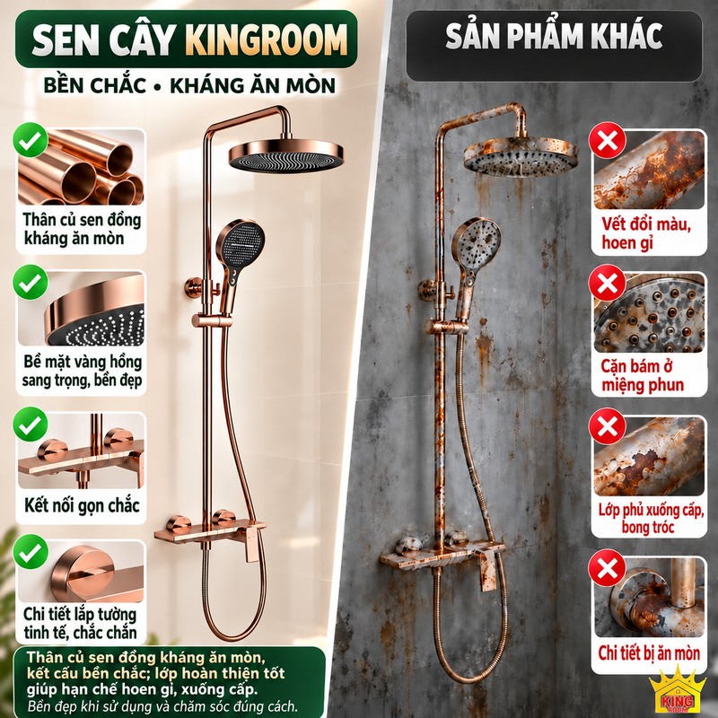 Sen cây tắm đứng KINGROOM vàng hồng, bát tròn mặt đen đối chiếu với bề mặt hoen gỉ và chi tiết xuống cấp ở sản phẩm khác