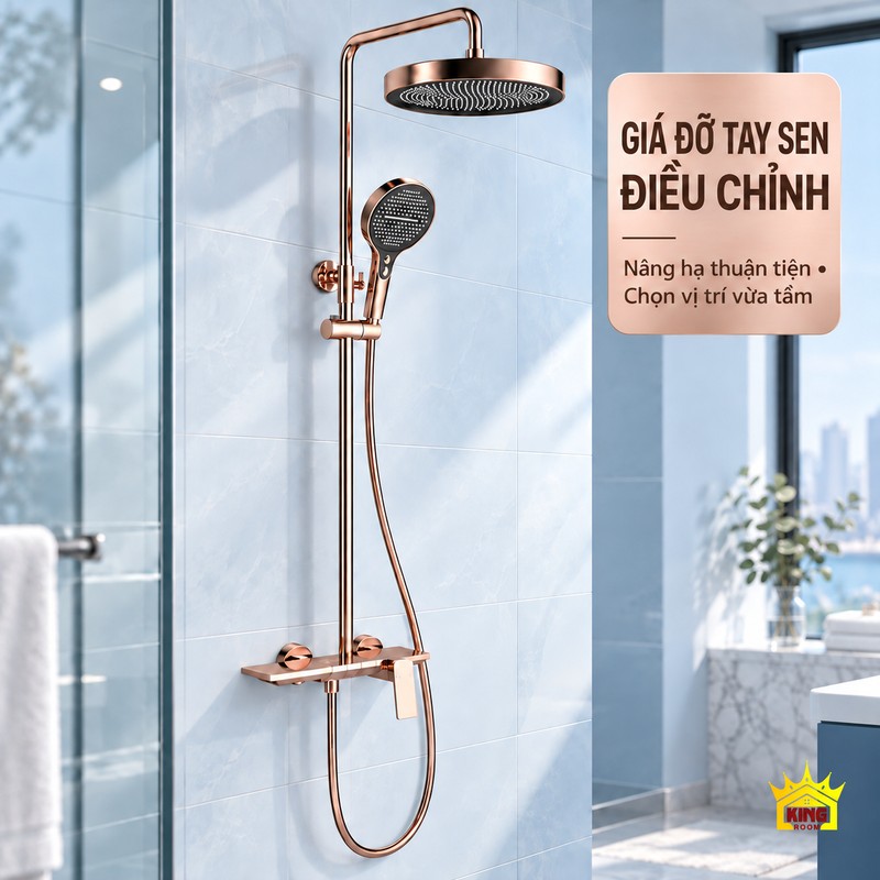Giá đỡ tay sen điều chỉnh độ cao Giá đỡ tay sen trượt trên thanh đứng của bộ sen KINGROOM vàng hồng bát tròn