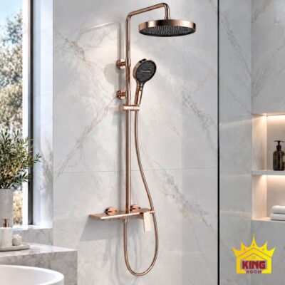 Bộ sen cây tắm đứng KINGROOM vàng hồng với bát tròn mặt đen lắp trên tường gạch sáng