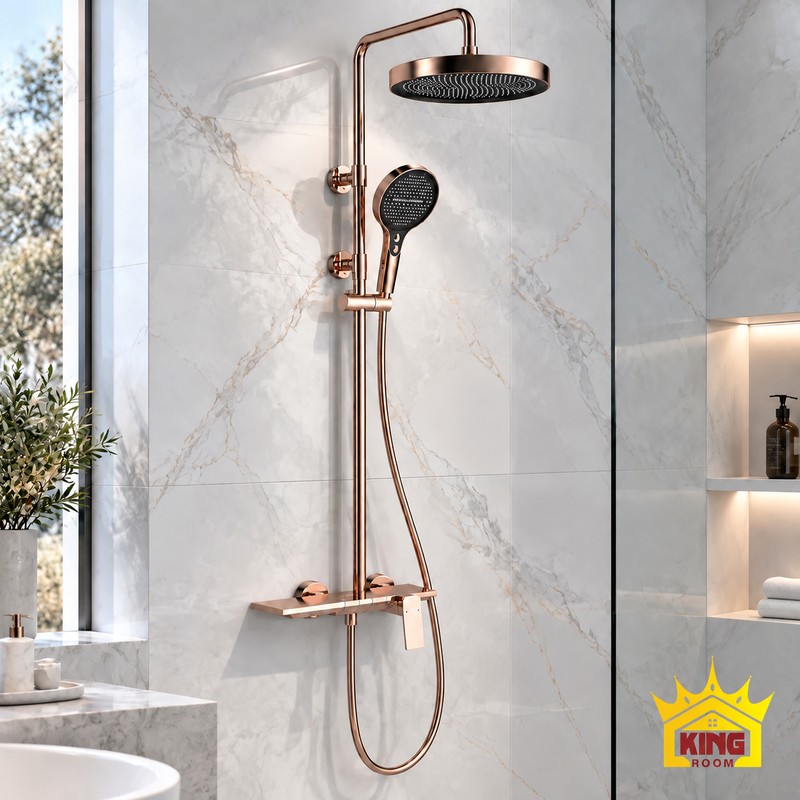 Bộ sen cây tắm đứng KINGROOM vàng hồng với bát tròn mặt đen lắp trên tường gạch sáng