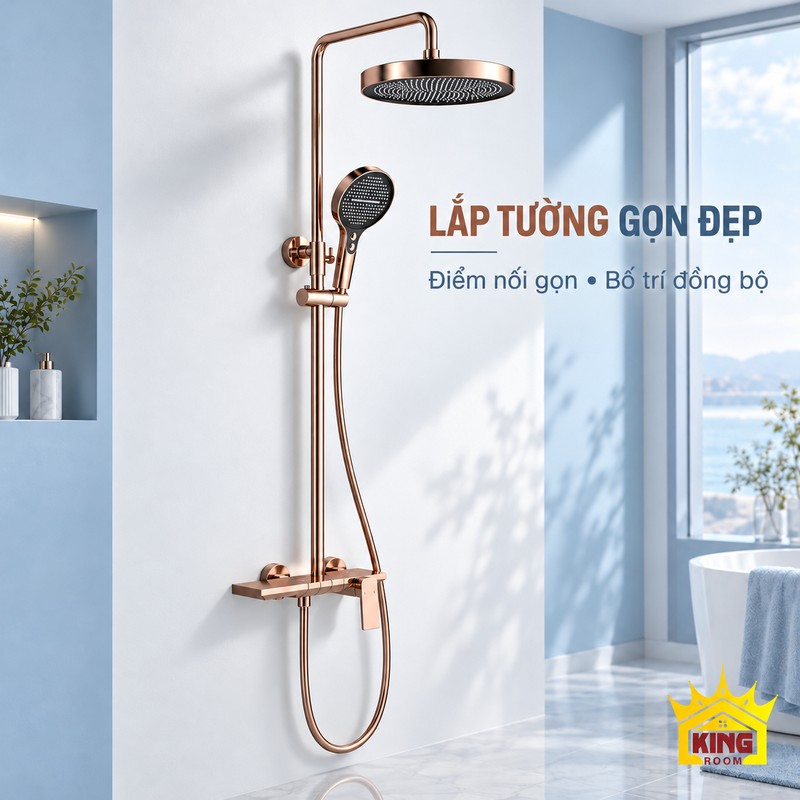 Sen cây tắm đứng lắp tường gọn đẹp Điểm cố định và các vị trí nối tường của sen cây KINGROOM vàng hồng bát tròn