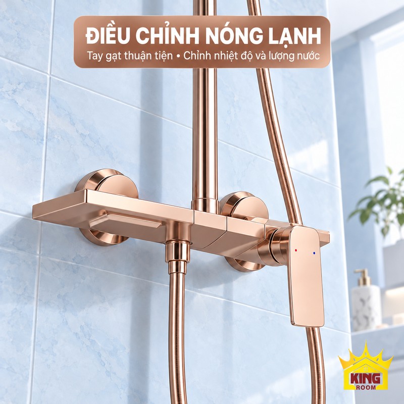 Tay gạt điều chỉnh nóng lạnh Cận cảnh tay gạt và dấu nóng lạnh trên củ sen vàng hồng KINGROOM bát tròn