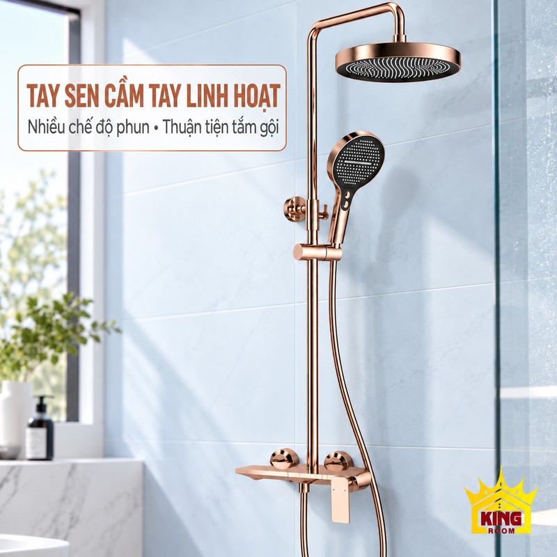 Tay sen cầm tay nhiều chế độ phun Tay sen mặt đen có nút chuyển chế độ trên bộ sen KINGROOM vàng hồng bát tròn