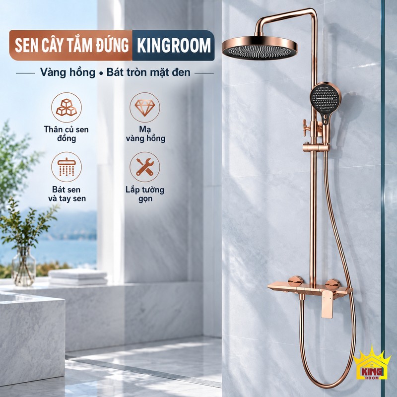 Thiết kế bộ sen tắm đứng đồng bộ Thiết kế tổng thể bộ sen cây KINGROOM vàng hồng bát tròn mặt đen với các điểm nổi bật
