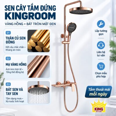 Bộ sen KINGROOM vàng hồng bát tròn mặt đen với ảnh chi tiết củ sen, bát sen và tay sen