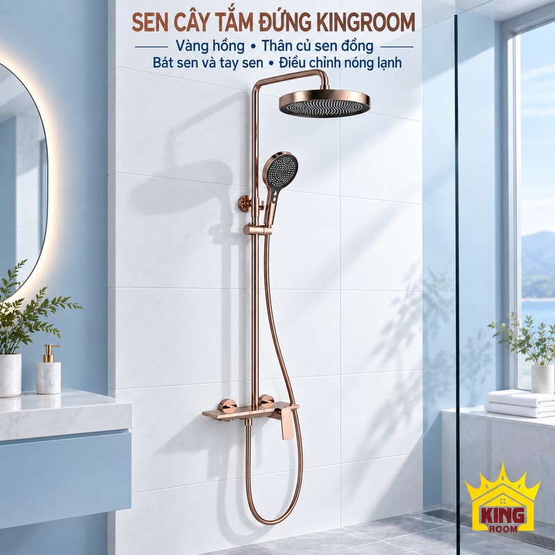 Bộ sen vàng hồng điều chỉnh nóng lạnh Bộ sen cây tắm đứng KINGROOM vàng hồng bát tròn và tay gạt nóng lạnh lắp tường