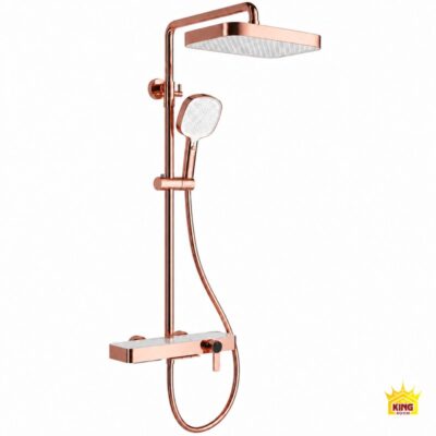 Toàn bộ sen cây tắm đứng KINGROOM vàng hồng bát vuông mặt trắng trên nền trắng, có tay sen và dây mềm