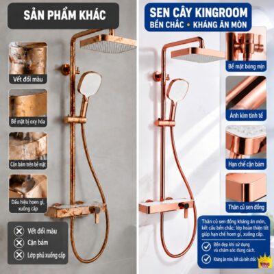 Sen cây tắm đứng KINGROOM vàng hồng, bát vuông mặt trắng đối chiếu với bề mặt hoen gỉ và chi tiết xuống cấp ở sản phẩm khác