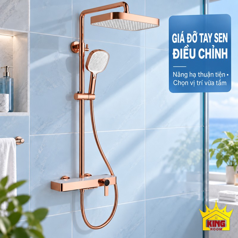 Giá đỡ tay sen điều chỉnh độ cao Giá đỡ tay sen di chuyển trên thanh đứng của bộ sen KINGROOM vàng hồng bát vuông