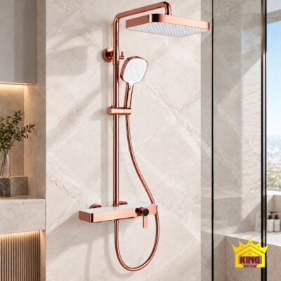 Sen cây KINGROOM vàng hồng bát vuông mặt trắng lắp trong phòng tắm gạch trắng