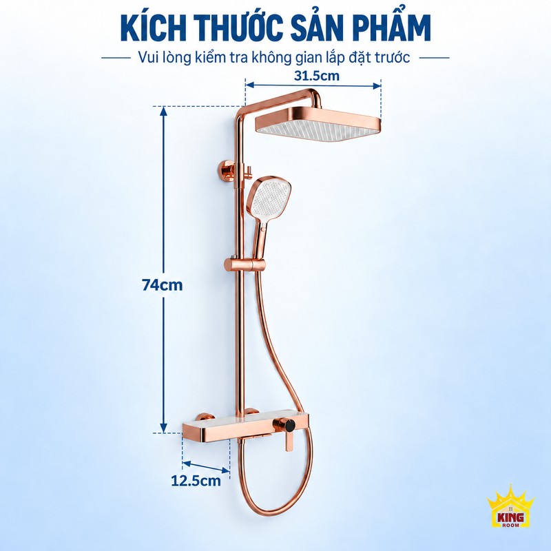 Sơ đồ kích thước sen cây tắm đứng bát vuông Sơ đồ sen KINGROOM bát vuông với các số đo 31.5 cm, 74 cm và 12.5 cm