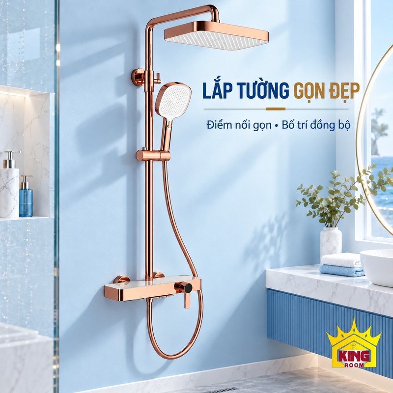 Sen cây tắm đứng lắp tường gọn đẹp Điểm cố định và kết nối tường của bộ sen KINGROOM vàng hồng bát vuông