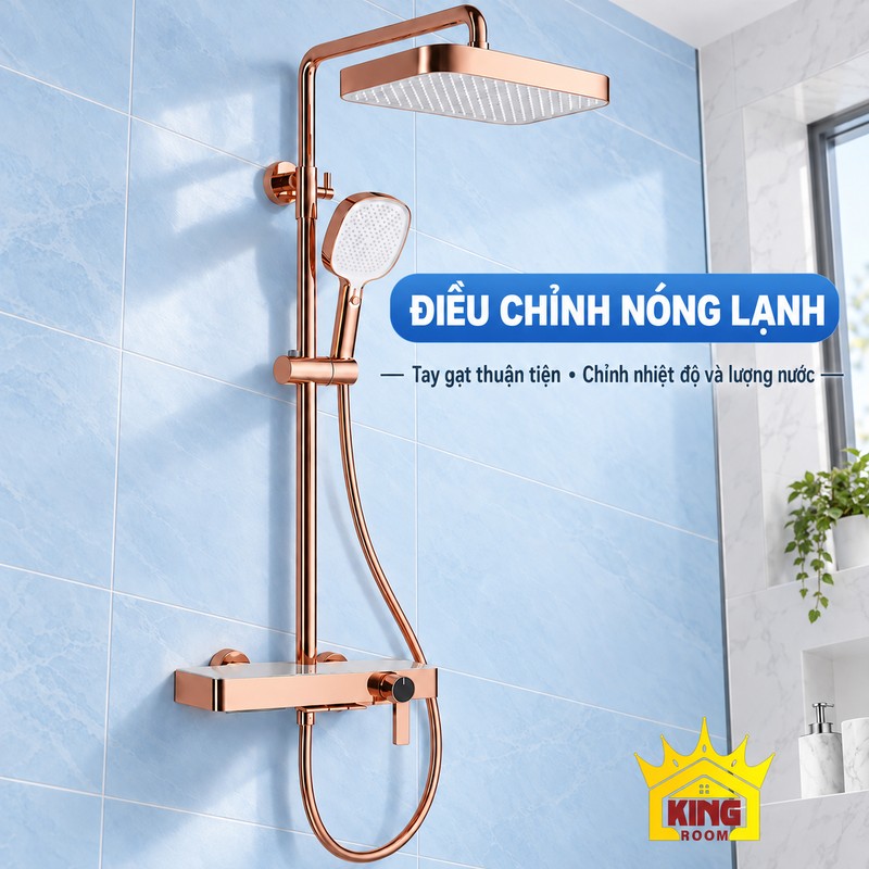 Tay gạt điều chỉnh nóng lạnh Tay gạt với đầu núm tròn đen trên củ sen KINGROOM vàng hồng bát vuông