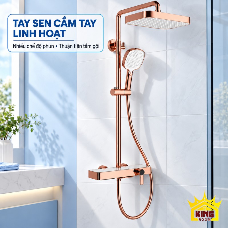 Tay sen nhiều chế độ phun Tay sen mặt trắng có nút chuyển chế độ trên bộ sen KINGROOM vàng hồng bát vuông