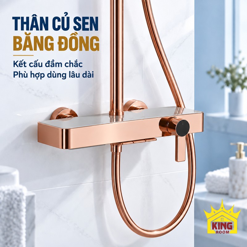 Thân củ sen bằng đồng Cận cảnh thân củ sen đồng màu vàng hồng và tay gạt của bộ sen KINGROOM bát vuông