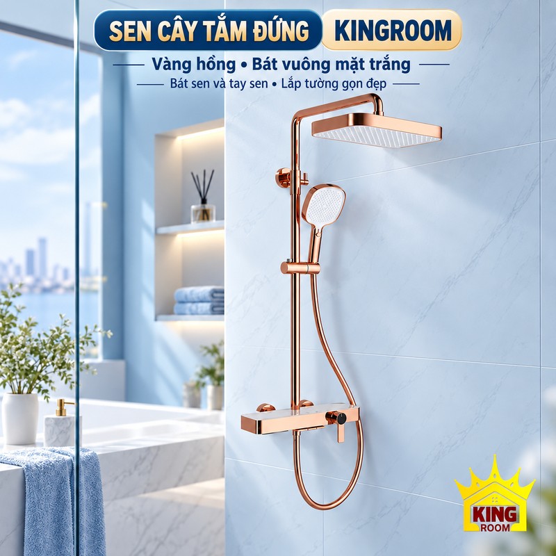 Thiết kế bộ sen tắm đứng đồng bộ Thiết kế tổng thể sen cây KINGROOM vàng hồng với bát vuông và tay sen mặt trắng