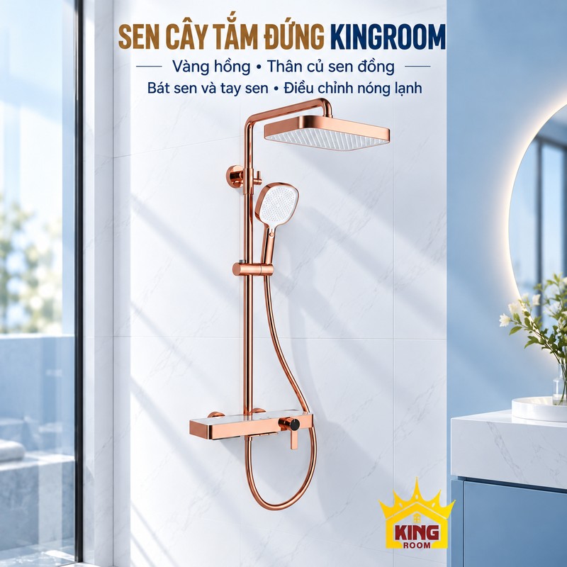 Bộ sen vàng hồng điều chỉnh nóng lạnh Sen cây tắm đứng KINGROOM vàng hồng bát vuông mặt trắng cùng tay sen và dây sen đồng bộ