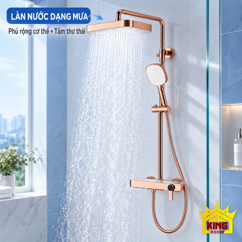 Trải nghiệm dòng nước dạng mưa Bát sen vuông KINGROOM vàng hồng đang phun nhiều tia nước xuống khu vực tắm
