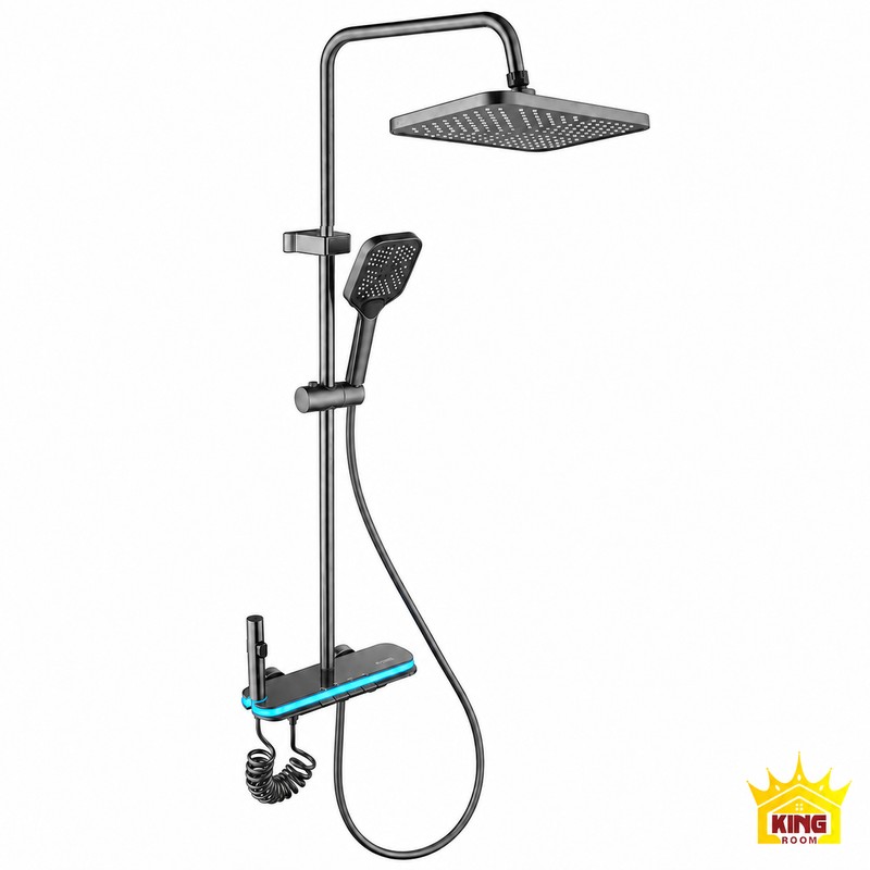 Toàn bộ sen cây KINGROOM xám súng bát vuông, đèn viền, tay sen và vòi xịt trên nền trắng