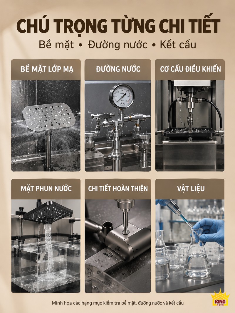 Các hạng mục kiểm tra minh họa Sáu ảnh minh họa việc kiểm tra bề mặt, đường nước, kết cấu và vật liệu thiết bị sen