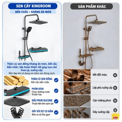 Sen cây tắm đứng KINGROOM xám súng, đèn viền và 4 đường nước đối chiếu với bề mặt hoen gỉ và chi tiết xuống cấp ở sản phẩm khác