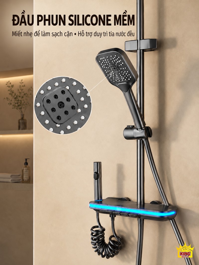 Đầu phun silicone dễ làm sạch Cận cảnh đầu phun silicone trên tay sen KINGROOM xám súng