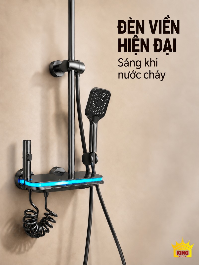 Đèn viền trên cụm sen Cận cảnh đèn viền xanh trên củ sen KINGROOM xám súng với các phím chuyển nước