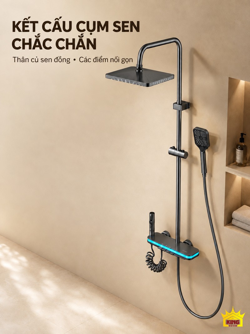 Kết cấu cụm sen và đường nước Kết cấu củ sen và các vị trí nối của bộ sen KINGROOM xám súng đèn viền
