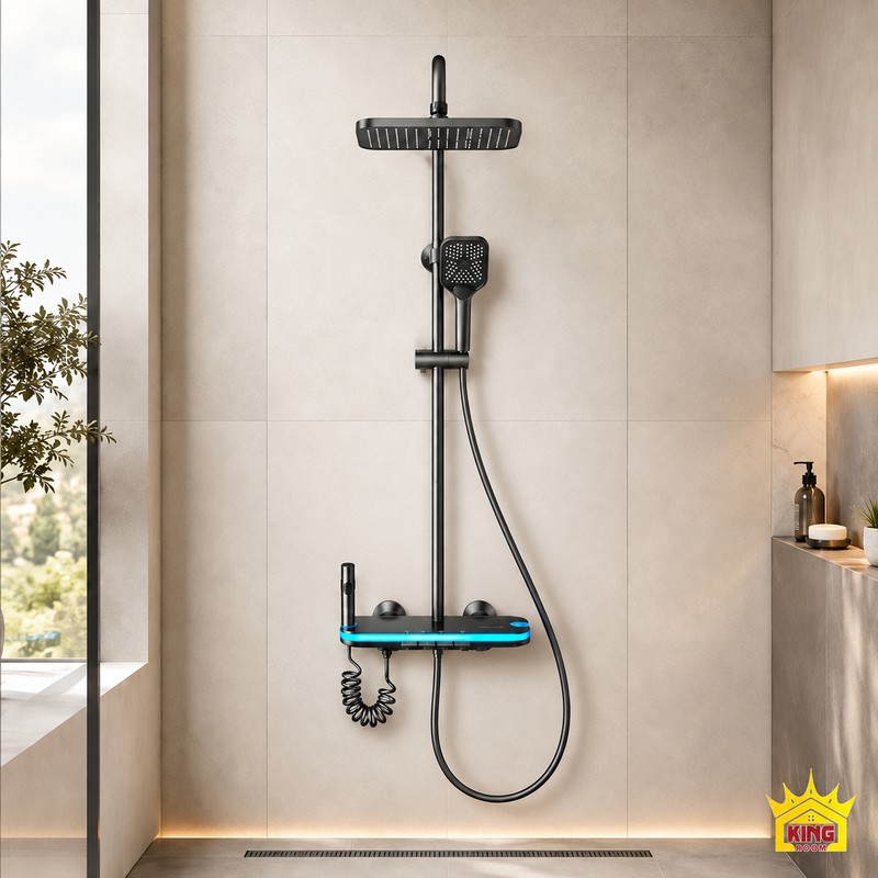 Sen cây KINGROOM xám súng bát vuông và đèn viền xanh lắp trong phòng tắm gạch be