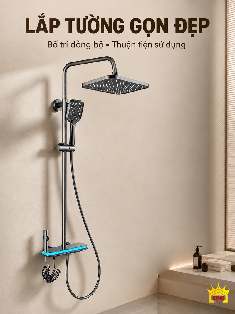 Sen xám súng lắp tường gọn đẹp Thiết kế lắp tường của sen KINGROOM xám súng bát vuông và vòi xịt