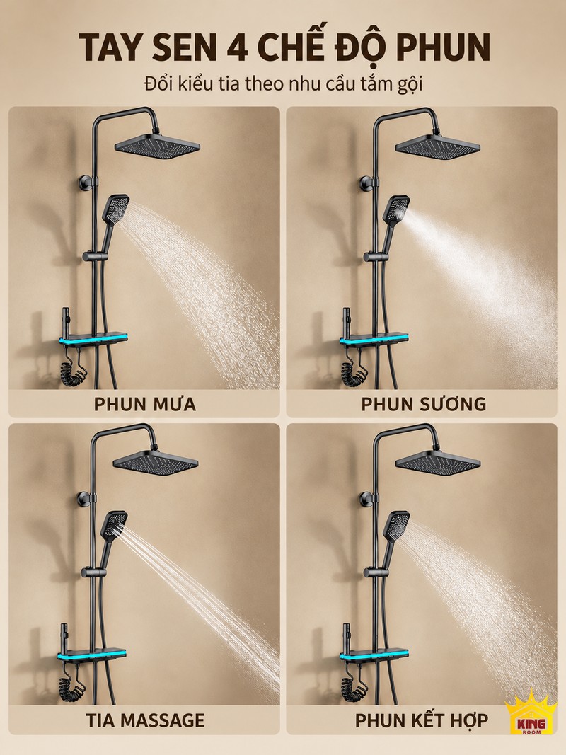 Tay sen 4 chế độ phun Tay sen KINGROOM xám súng được minh họa với phun mưa, phun sương, massage và kết hợp