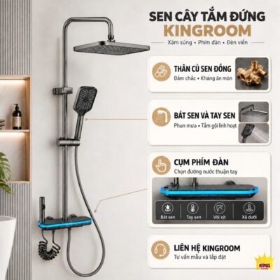 Sen KINGROOM xám súng với các ảnh chi tiết thân củ sen đồng, bát sen và cụm điều khiển đèn viền
