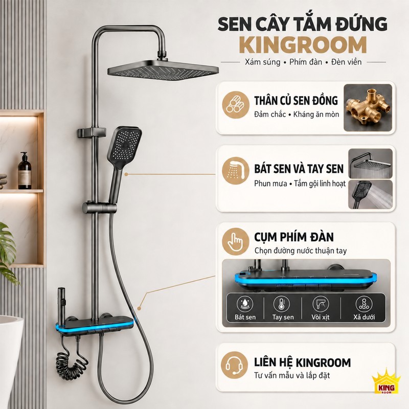 Sen KINGROOM xám súng với các ảnh chi tiết thân củ sen đồng, bát sen và cụm điều khiển đèn viền