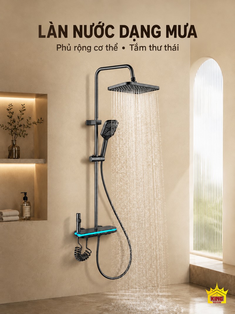 Trải nghiệm tắm phun mưa Bát sen vuông KINGROOM xám súng đang phun nước dạng mưa xuống khu vực tắm