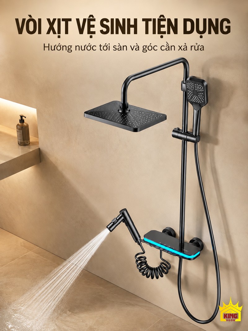 Vòi xịt vệ sinh đi kèm Vòi xịt và dây co giãn của sen KINGROOM xám súng đang hướng nước xuống sàn