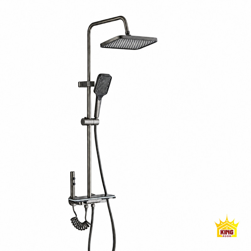 Toàn bộ sen cây tắm phím đàn KINGROOM xám súng, bát chữ nhật và vòi xịt trên nền trắng