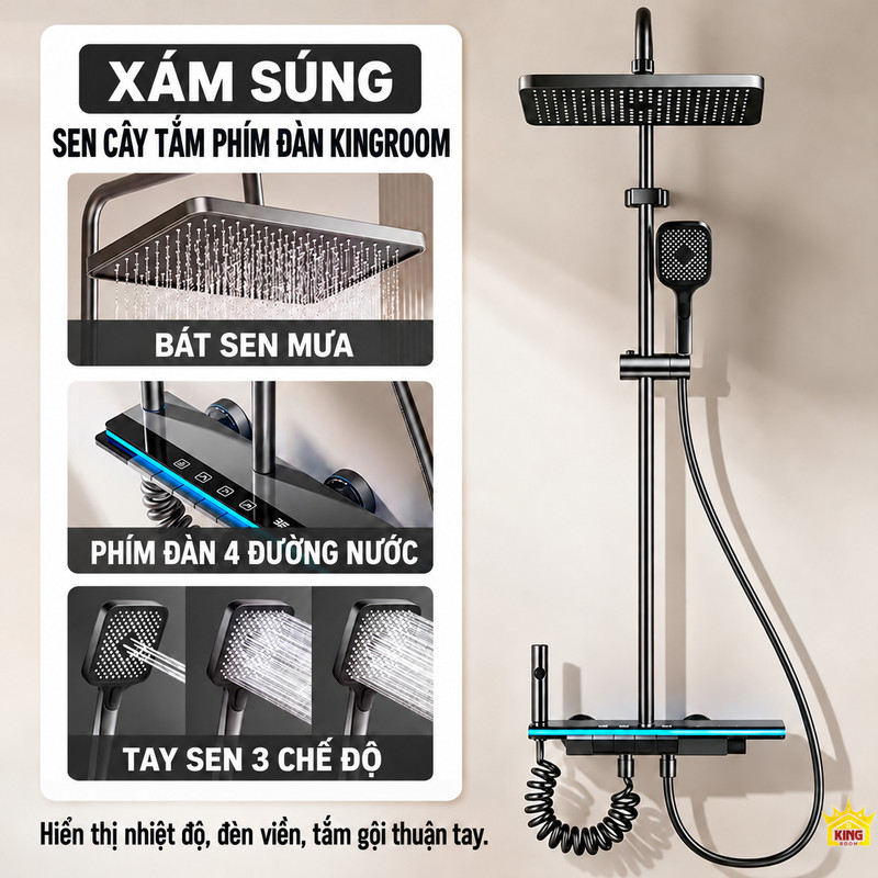 Bộ sen phím đàn KINGROOM xám súng với ảnh chi tiết bát sen, bốn phím và ba kiểu tia tay sen