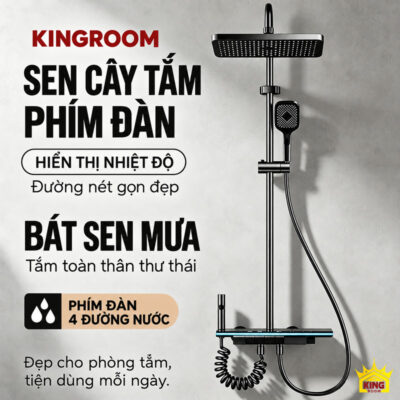 Sen cây tắm phím đàn KINGROOM màu xám súng với bát sen lớn và hiển thị nhiệt độ