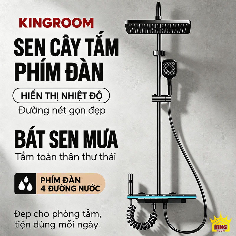 Sen cây tắm phím đàn KINGROOM màu xám súng với bát sen lớn và hiển thị nhiệt độ