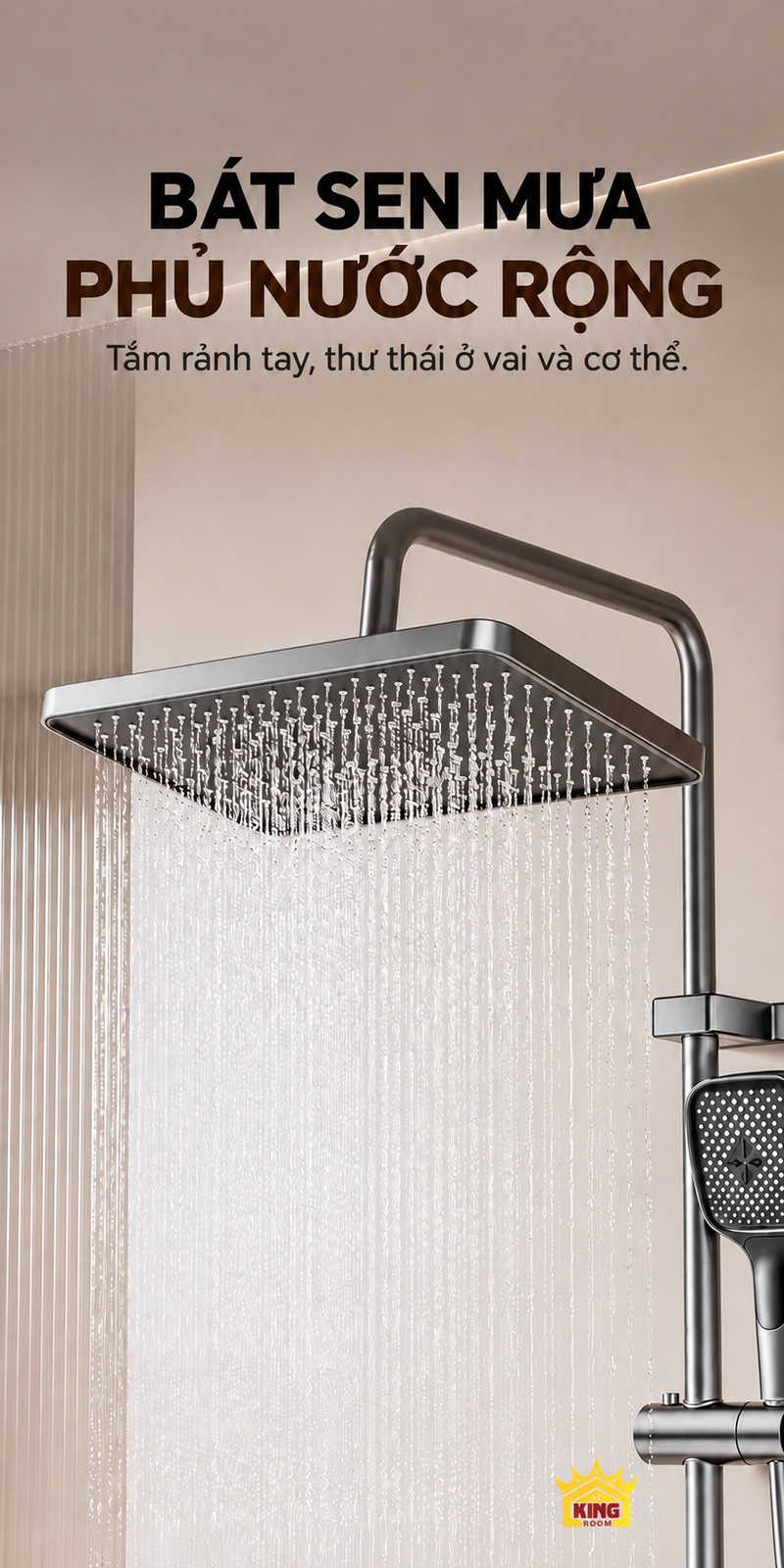 Bát sen mưa phủ nước rộng Bát sen chữ nhật KINGROOM đang phun mưa xuống khu vực đứng tắm