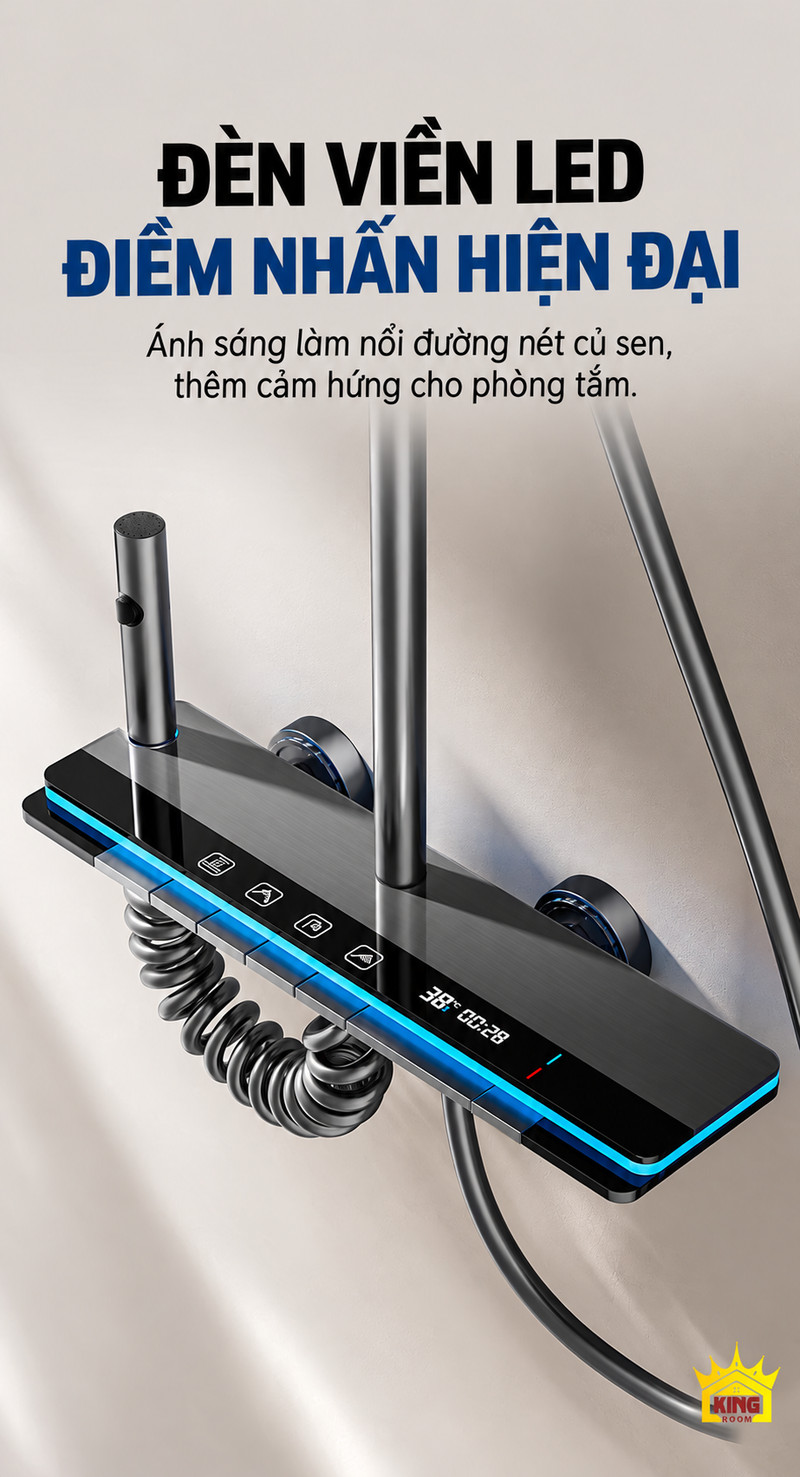 Đèn viền trên củ sen phím đàn Cận cảnh củ sen KINGROOM với đèn viền xanh, màn hình và phím đàn