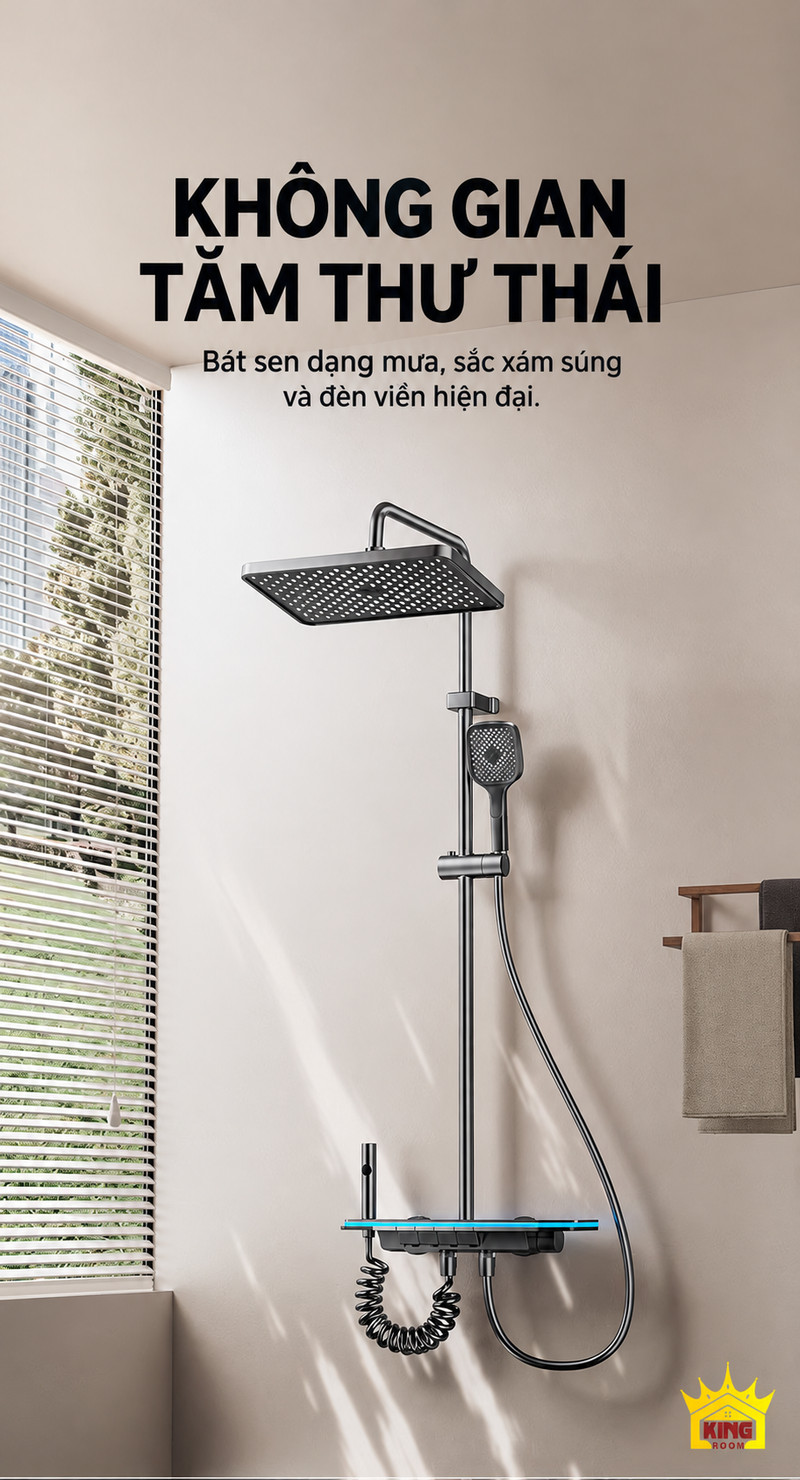 Sen phím đàn và không gian tắm thư thái Sen cây phím đàn KINGROOM với bát sen chữ nhật, tay sen và vòi xịt trong phòng tắm