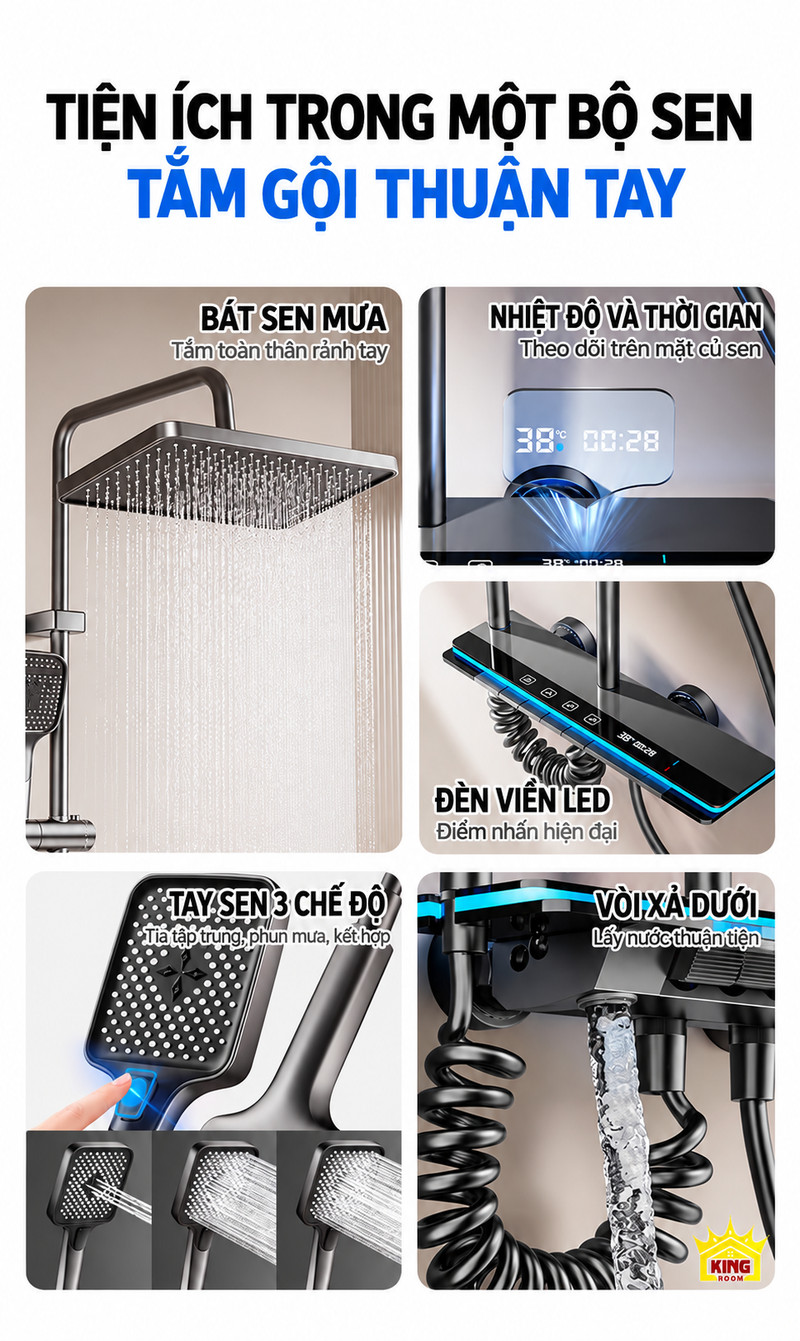Tổng hợp các tiện ích của sen phím đàn Ảnh ghép bát sen mưa, hiển thị nhiệt độ, đèn viền, tay sen và xả dưới của KINGROOM
