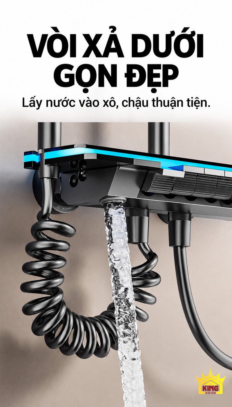 Vòi xả dưới gọn đẹp Vòi xả dưới đặt gọn trong củ sen KINGROOM, cạnh dây xoắn và dây tay sen