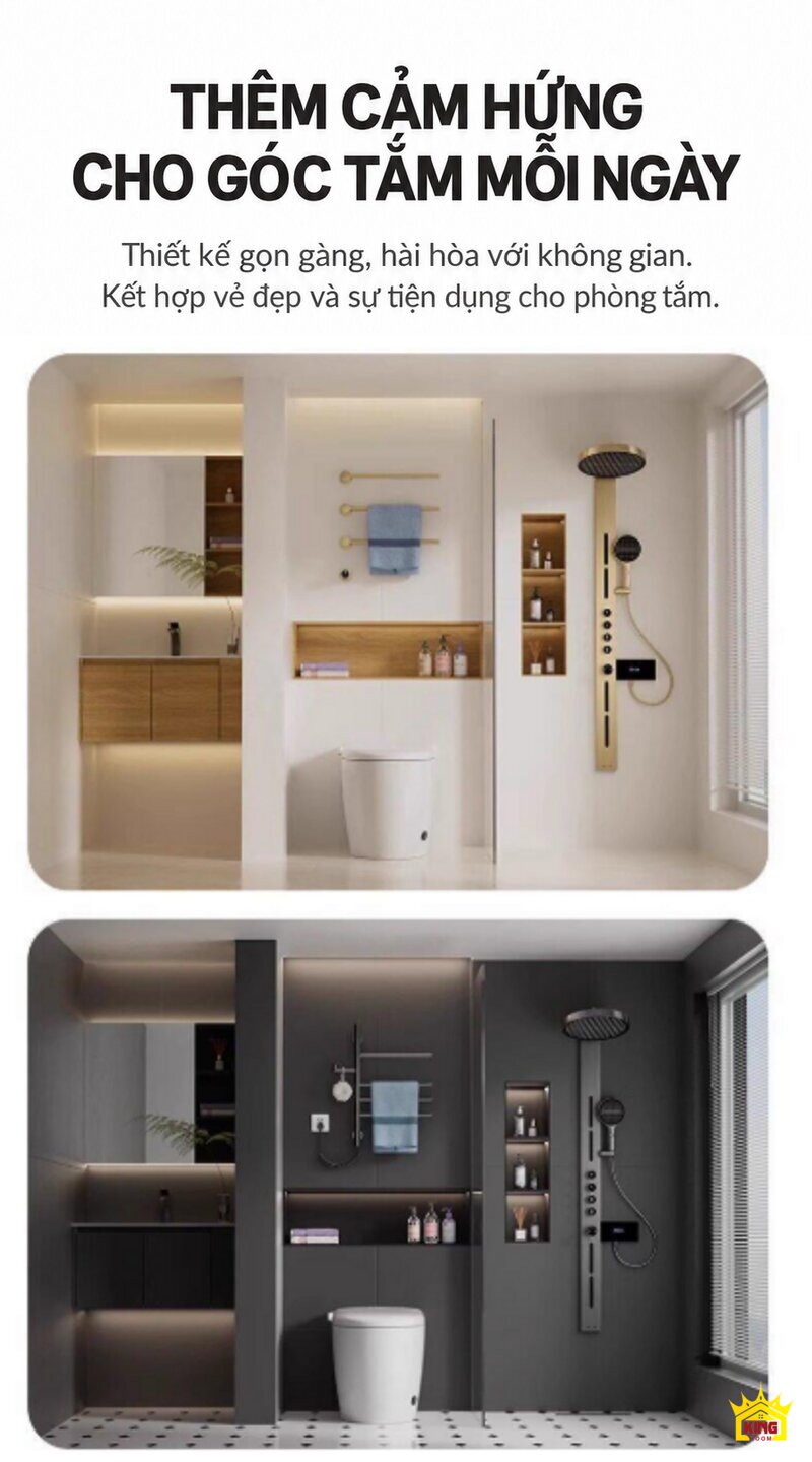Hai không gian phòng tắm phối sen tắm cột KINGROOM 84003 màu vàng và đen